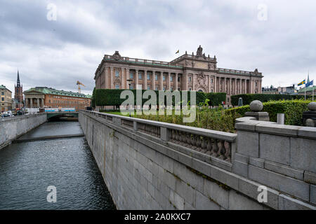 Stockholm, Schweden. September 2019. Panoramablick auf das schwedische Parlament Gebäude Stockfoto