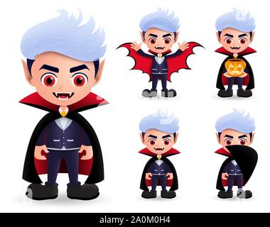 Vampir halloween Zeichen Vektor einrichten. Männliche Vampir Dracula Charakter tragen halloween kostüm mit Reißzähnen und rote Augen tragen Cape und halten. Stock Vektor