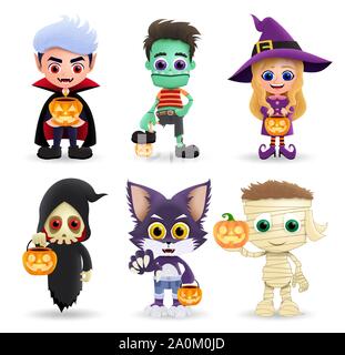 Halloween Zeichen Vektor einrichten. Cute kids Charakter tragen Halloween Kostüm wie Vampire, Zombies, Hexe, Sensenmann, cat und Mama stehen. Stock Vektor