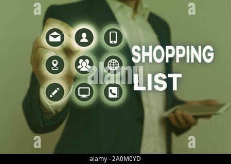 Konzeptionelle Handschrift, die Einkaufsliste. Begriff Sinne Disziplin Ansatz in den grundlegenden Artikel zu kaufen Stockfoto