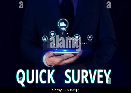 Text Zeichen, die zu schnellen Umfrage. Business foto Präsentation Durchführung schneller Check auf Bedingung Wert Situation von etwas Männlichen menschlichen Verschleiß formale Arbeit sui Stockfoto