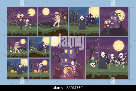 Comic Seite Skelett Mumie Kürbis Halloween Vector Illustration Stock Vektor