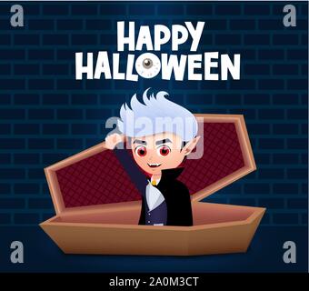 Happy Halloween Vampir vektor design. Männliche Vampir Dracula mit roten Augen Kap tragen, während sie sich in den Sarg sitzen mit happy halloween Gruß. Stock Vektor