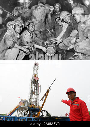 (190921)-BEIJING, Sept. 21, 2019 (Xinhua) - Oben: Foto 1965 zeigt der Arbeitnehmer einen langen Rock core zum ersten Mal in Daqing getroffen, im Nordosten der chinesischen Provinz Heilongjiang. Unten: Foto am 26. Juni 2019 von Wang Jianwei zeigt Jiang Hongwei von Nr. 1202 Bohr- Team eine erweiterte Bohren in Daqing Oilfield Einführung. Heute können die Arbeiter schnelles und effizientes Arbeiten in der Bohr- Zimmer mit dem Upgrade der Mechanisierung und Automatisierung Ebene realisieren. In 1949, als die Volksrepublik China gegründet wurde, das chinesische Volk konfrontiert, ein verwüstetes Land, das n Stockfoto