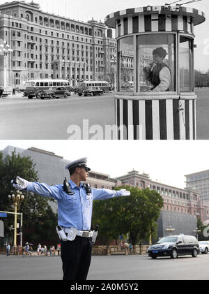 (190921)-BEIJING, Sept. 21, 2019 (Xinhua) - Oben: Foto 1960 von Huang Jingda zeigt ein Polizist an der Chang'an Avenue in Peking, der Hauptstadt von China. Unten: Foto am 26. Juni 2019 übernommen von Zhang Chenlin zeigt Polizeioffizier Ren Junhan an der Chang'an Avenue in Peking. Große Daten- und Remote Control wurden im Verkehrsfluss Vorhersage und ampelsteuerung als Traffic Management heute angewendet wird, die bei der digitalen, intelligente und moderne Richtungen ausgerichtet. In 1949, als die Volksrepublik China gegründet wurde, das chinesische Volk konfrontiert, ein verwüstetes Land, das Ne Stockfoto