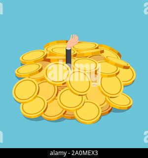 Wohnung 3 d isometrische Geschäftsmann in gold coin Haufen ertrunken. Finanzkrise oder Geschäft Erfolg Konzept. Stock Vektor