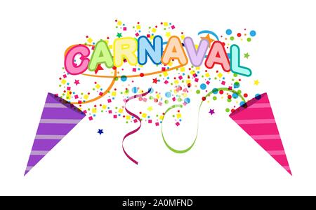 Bunten Hintergrund mit CARNIVAL Inschrift. Flache Bauweise, Sprache Spanisch Stock Vektor