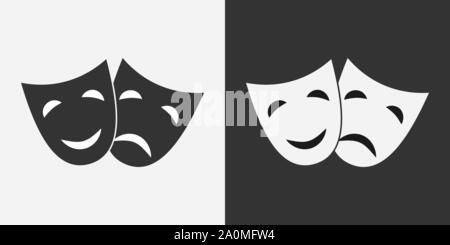 Version des theatralischen Maske Abzeichen. Zwei Optionen auf schwarzen und weißen Hintergrund. Flaches Design. Stock Vektor