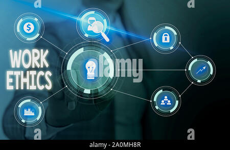Text Zeichen zeigen Arbeit Ethik. Business Foto präsentiert eine Reihe von Werten auf die Bedeutung der Arbeit Frau tragen formalen Arbeit Anzug zentriert presenti Stockfoto
