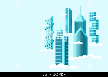 Detaillierte zukünftige Stadt mit unterschiedlicher Architektur hohe Gebäude Wolkenkratzer Wohnungen über Wolken. Futuristische grafische Stadtlandschaft Stadt. Vektor-Immobilien-Bau über Himmel Illustration Stock Vektor