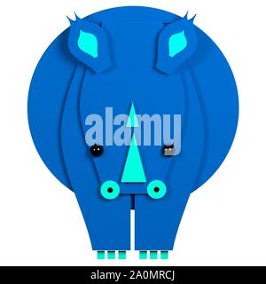 3D-Illustration, einer stilisierten blauen Nashorn aus geometrischen Formen, auf weißem Hintergrund Stockfoto