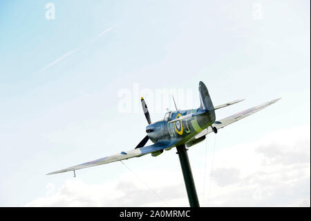 Der Lytham St Annes Full scale Modell spitfire auf Anzeige an Fairhaven See, Lytham, Lancashire, Großbritannien Stockfoto