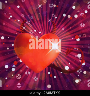 Valentine glänzend rote Teufel Herz auf dunklem Rosa Hintergrund. Stockfoto