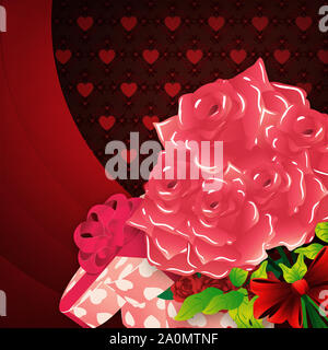 Abbildung: Valentinstag Grußkarten mit Geschenkbox und Rosen. Stockfoto