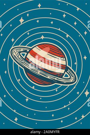 Jahrgang Platz Banner. Galaxy Poster im Retro Style. Planeten und dem Universum. Hand gezeichnet vector Template für Karte eingraviert. Stock Vektor