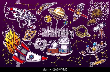 Astronauten Raumfahrer. Planeten im Sonnensystem. Astronomische Galaxy. Kosmonaut Abenteuer erkunden. Graviert Hand in alte Skizze gezeichnet, Vintage Style. Raum Stock Vektor