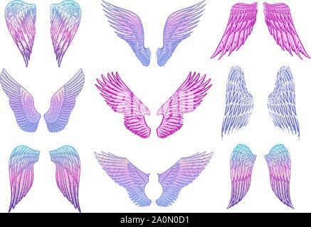Satz von Angel Wings im Vintage Style. Vorlage für Tattoo und Embleme, t-shirts und Logo. Bunte Emblem für Aufkleber. Graviert Skizze. Vektor Stock Vektor