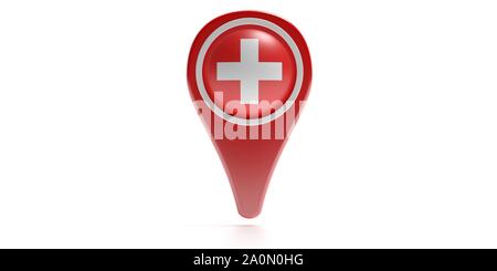 Medizinische Versorgung lage Konzept. Kreuz plus Symbol in einer roten Farbe kartenzeiger vor weißem Hintergrund. 3D-Darstellung Stockfoto