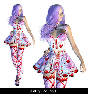 Digital gerenderte Darstellung eines valentine Mädchen mit violettem Haar auf weißem Hintergrund. Stockfoto