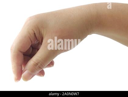 Nahaufnahme der Hand erreichen für die Abholung oder Geben etwas isoliert auf weißem Hintergrund. Stockfoto