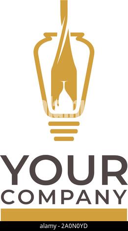 Luxuriöse Goldflasche und Gläser Wein für Bar-Logo-Designs Stock Vektor