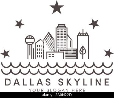 Dallas Skyline-Logo-Designs mit Sternen und River-Logo Stock Vektor