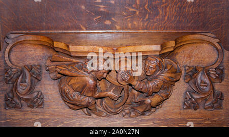 Misericords, St. Nikolaus-Kathedrale, Newcastle. Von Ralph Hedley c 1885 geschnitzt. Stockfoto