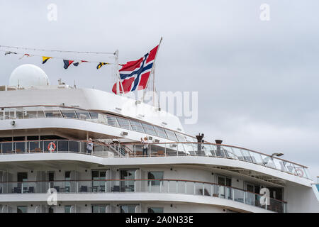 London, UK, 14. Juli 2019. Die Viking Jupiter Kreuzfahrtschiff, der Viking Cruise Line, bei Greenwich angedockt Stockfoto