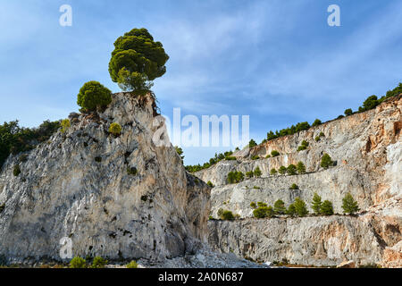 Felsen und Bäume in einem verlassenen Steinbruch auf der Insel Zakynthos in Griechenland Stockfoto