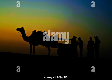 Camel Warenkorb Silhouette bei SAM Dunes in Jaisalmer, Rajasthan, Indien Stockfoto