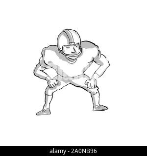 Cartoon Stil Abbildung eines American football player in Schwarz und Weiß auf isoliert weißer Hintergrund Stockfoto
