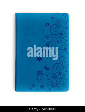 Blau Leder geschlossen Notebook mockup auf Weiß isoliert. Stockfoto