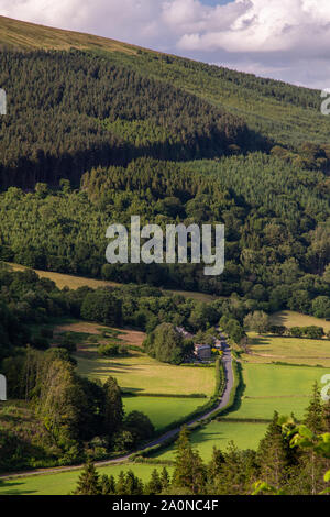 Einen schmalen Feldweg schlängelt sich durch Felder in der Glyn Collwn Tal, unter der Talybont Wald und Hügel der Brecon Beacons in South Wales. Stockfoto