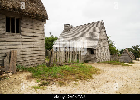 Alte Gebäude in Plimoth Plantation in Plymouth, MA Stockfoto