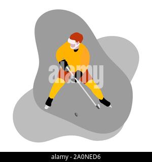 Hockey Player mit Hockey Stick, Eis hockey puck auf weißem Hintergrund. Wintersport Hintergrund. Mann spielt Hockey. Turnier, meisterschaft, Competit Stock Vektor