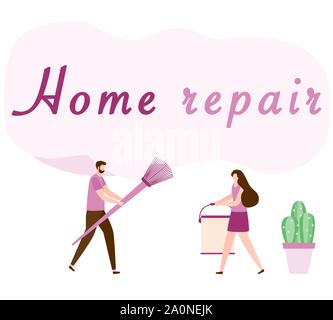 Vector Illustration mit Menschen mit Tools für Malerarbeiten, Reparatur Inschrift. Malerei, Reparatur von Räumlichkeiten. Gebäude, Bau, home Stock Vektor