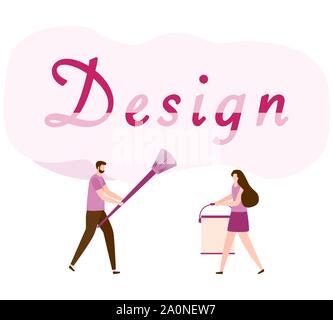 Vector Illustration mit Menschen mit Tools für Malerarbeiten, design Inschrift. Malerei, Reparatur von Räumlichkeiten. Gebäude, Bau, Instandsetzung Stock Vektor