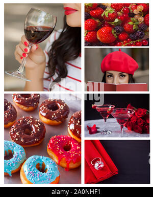 Collage aus sechs Fotos in roten Farben. Schöne brünette Frau trinkt Rotwein, Donuts, Cocktail in zwei Gläser, Ring. Stockfoto