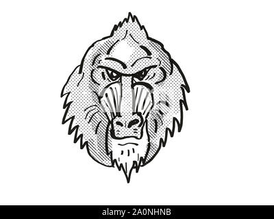 Retro Cartoon Stil Zeichnung Kopf eines Mandrill, ein Affe Arten von vorne auf dem isolierten weißen Hintergrund in Schwarz und Weiß getan gesehen Stockfoto