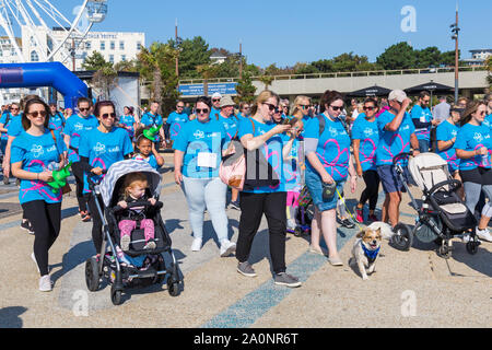 Bournemouth, Dorset UK. 21. September 2019. Unterstützer nehmen an der Alzheimer Gesellschaft Speicher Spaziergang in Bournemouth an einem heißen sonnigen Tag, die Kapital für lebenswichtige Demenzforschung, Kampagnen und Support Services. Sie können auf, für wen Sie sind zu Fuß durch Hinterlassen einer Nachricht auf dem Memory Baum und zuzusehen, wie sie Blühen den ganzen Tag tragen. Credit: Carolyn Jenkins/Alamy leben Nachrichten Stockfoto