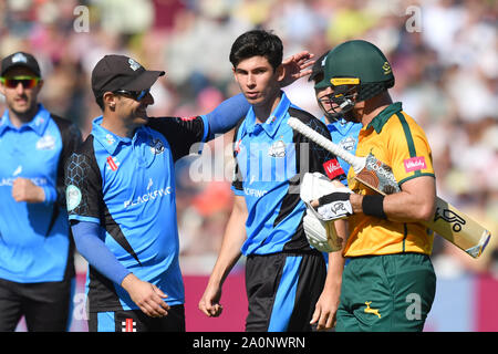 Worcestershire Rapids' Pat Brown feiert die wicket von Nottingham Outlaws' Dan Christ während Halbfinale 1 Finale Tag der Vitalität T20 Blast bei Edgbaston, Birmingham. Stockfoto