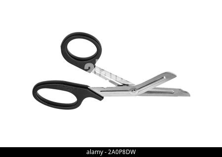 Medizinische Scheren mit Kunststoffgriff schwarz auf weißem Hintergrund zu isolieren. Stockfoto