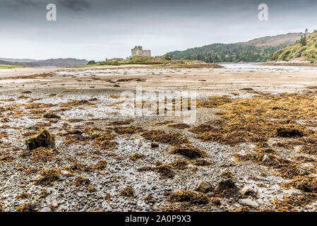 Die Ruinen des 13. Jahrhunderts Eileen Tioram [Die trockene Insel] Schloss im westlichen Hochland von Loch Shiel Moidart und Fluss Stockfoto