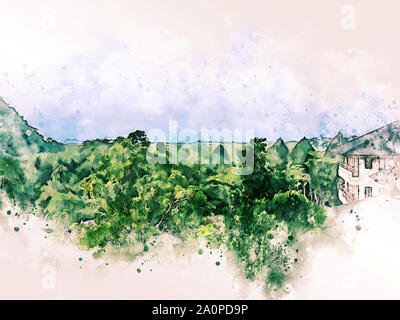 Abstrakte bunte Berge und baum landschaft auf Aquarell illustration Malerei Hintergrund. Stockfoto