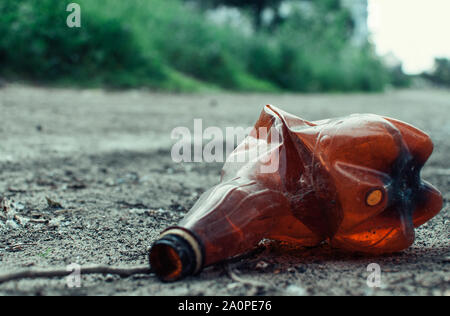 Plastikflasche im Wald in der Nähe des Teiches. Umweltverschmutzung. Umweltschutzes und Katastrophe. Go Green, Null Abfall, speichern Sie den Planeten Erde Da Stockfoto