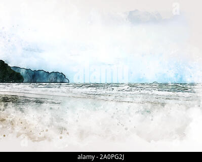 Abstrakte schöne bunte weiche Welle Meer und Berg auf Aquarell Hintergrund, digitale Illustration Bürste Art. Stockfoto