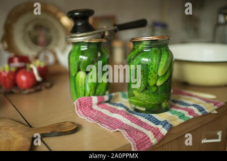 Der Prozess der Beizen Gurken in Liter Krügen in Russischen ländlichen Küche. Stockfoto