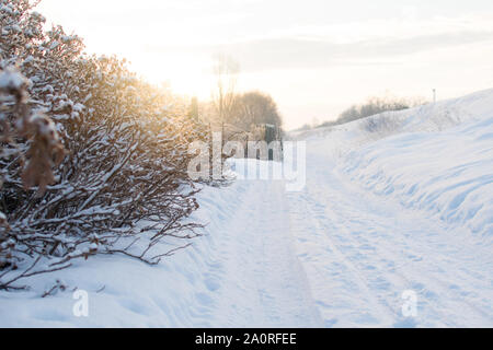 Leere Straße mit Schnee bedeckt. Weiße Winterlandschaft Stockfoto