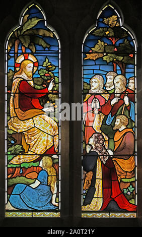 Christus predigen. Norden Langhaus Fenster. Kirche von Saint James, Staveley, Nationalpark Lake District, Cumbria, England, Vereinigtes Königreich, Europa. Stockfoto