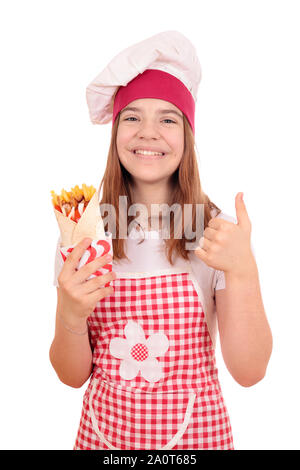 Happy girl Kochen mit Gyros Pita fast food und Daumen hoch Stockfoto